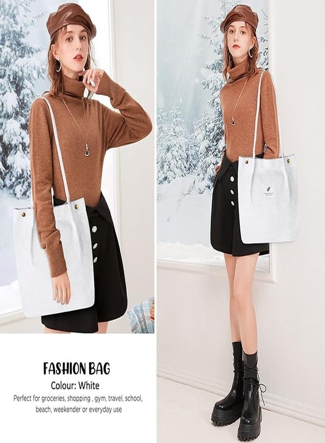 BIGXEN Women Corduroy Tote Bag Canvas Shoulder Purse Reusable Shopping Bag Grocery Bag Large Capacity Washable Handbag Girls Shoulder Bag with Inner Pocket For Daily Use Work Travel (White) - Image 5